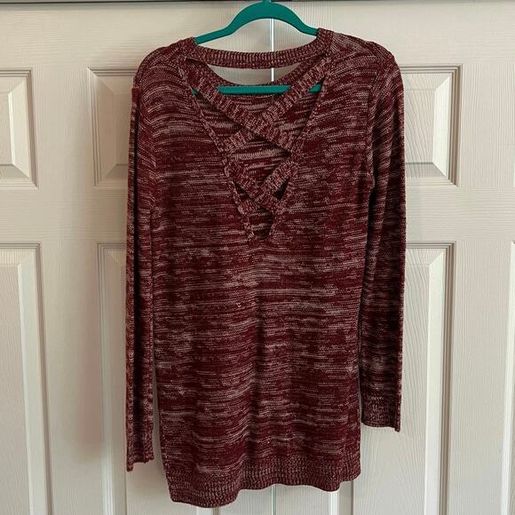 Madison Lilly Women’s Burgundy Heathered Crewneck Sweater Size M Crisscross Back - Picture 2 of 11